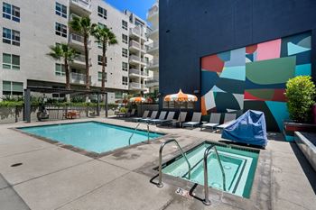 Resort style outdoor pool at g12 apartments in los angeles, ca 90015